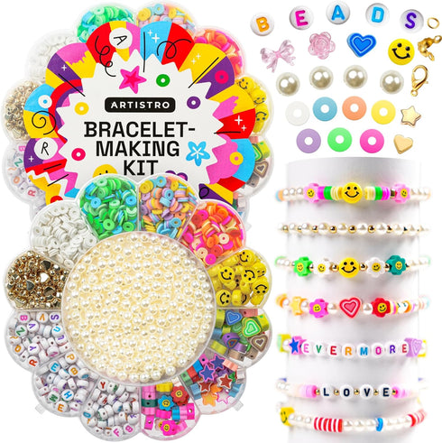 ARTISTRO 3000 pcs Bracelet Making Kit - Friendship Bracelet Kit for Jewelry Making with Pearl Beads, Clay Beads, Letters, Stars, Flowers, Hearts -...
