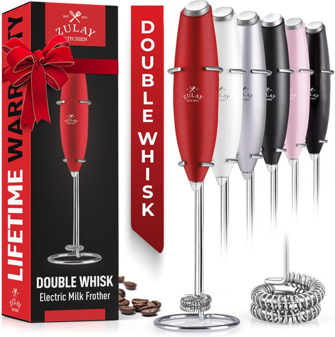 Zulay Kitchen Powerful Double Whisk Milk Frother Handheld - Foam Maker With Stand - Whisk Drink Mixer for Coffee, Mini Foamer for Latte, Matcha, F...