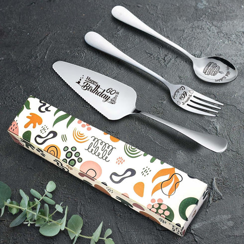Happy 60th Birthday Personalized Laser-Engraved Stainless Steel Birthday Party Utensil Set - Cake Server, Spoon, and Fork for Mother Father Husban...