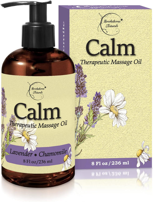 Calm Massage Oil with Lavender & Chamomile Essential Oils to Relax Sore Muscles - for Massage Therapy & Home use – with Coconut, Grapeseed & Jojob...