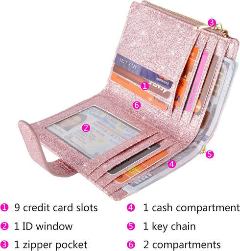 Womens Wallets RFID Small Compact Bifold Leather Card Holder Zip Pocket Keychain...