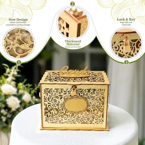 OurWarm Glittery Gold Wedding Card Box with Lock, Wood Gift Card Box for Wedding Reception, Envelope Box for Party Graduation Birthday Baby Shower...