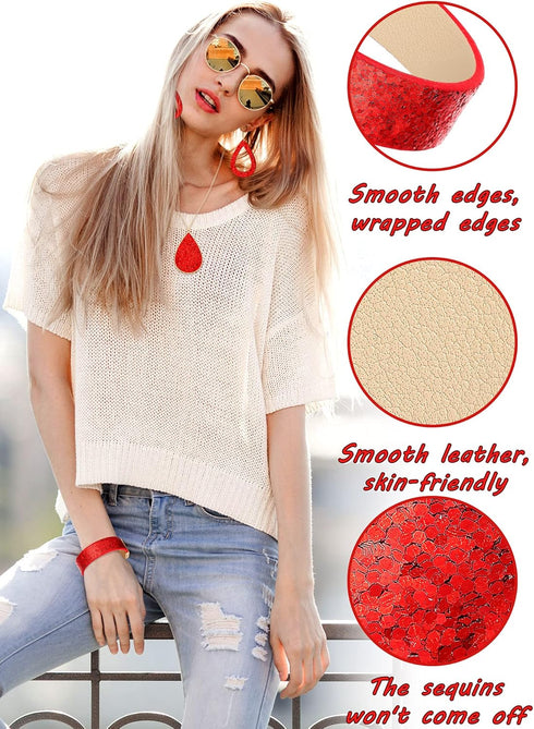 Hicarer Women's Glitter Jewelry Set, Include 2 Pieces Bridal Wedding Multi-Layer Bracelet 3 Pair Faux Leather Dangle Earrings 1 Piece Necklace for...