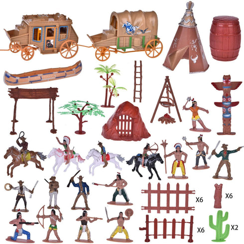 FUN LITTLE TOYS 61 PCs Wild West Cowboys and Indians Plastic Figures Toys, Toy Soldiers for Kids, Wild West Figure Playset with Horse, Tent, Army ...