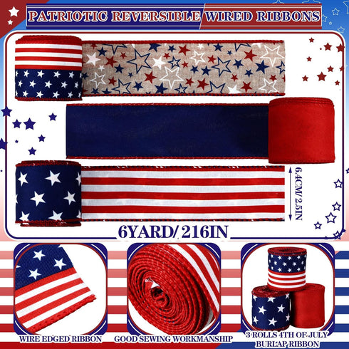Solsew 3 Rolls Red White and Blue Patriotic Ribbons Double Sided 4th of July Ribbon 18 Yards Patriotic 2.5 Inch Burlap Wired Edge Ribbon Independe...