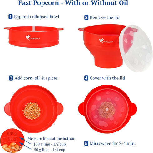 Silicone Microwave Popcorn Popper Collapsible Bowl - 100% Pure Silicone - LFGB Food Grade - No Fillers, BPA-free, Vegan, Reusable, Plastic-free, E...
