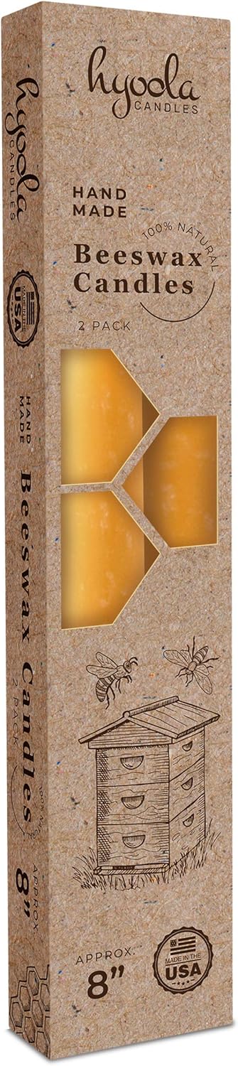 Hyoola 8" Beeswax Taper Candles - 8 Hour Burn Time - Yellow Beeswax Candles - 2 Pack...
