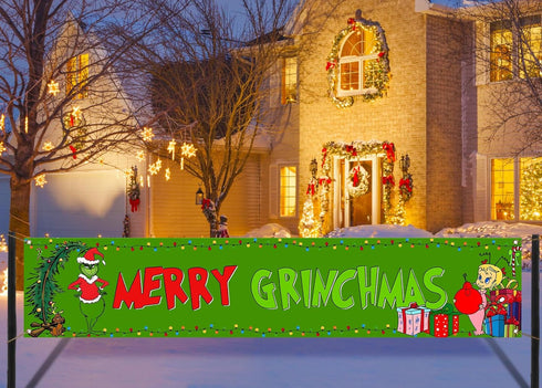 Nepnuser Grinchmas Fence Banner Christmas Green Elf Winter Holiday Party Decoration Xmas Large Home Garden Outdoor Yard Hanging Sign-1.6 * 8.2ft (...