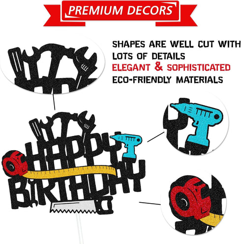 31 Pcs Tools Cupcake Cake Topper Toolbox Wrench Hammer Mechanic Drill Plier Handsaw Tape Measure Screwdrivers Themed Happy Birthday Party Cake Dec...