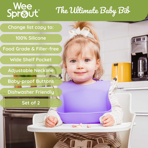WeeSprout Waterproof Silicone Baby Bibs (Set of 2) | Pocket to Catch Food...