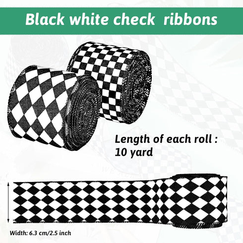 2 Rolls/ 20 Yards Black and White Checkered Ribbons Buffalo Plaid Wired Edge Ribbon Diamond Gingham Valentine's Day Gift Wrapping Ribbon for DIY H...