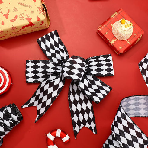 3 Rolls 30 Yards Black White Harlequin Ribbon Checkered Wired Ribbon Decorative Ribbons for Xmas Fall Tree Wrapping Wreath Bouquet Crafts(2.5 Inch...
