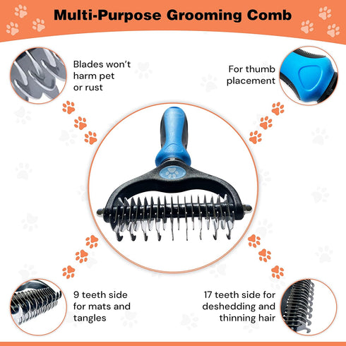 2 in 1 Pet Hair Dematting Tool, Tough Mats and Tangles, Undercoat Rake Comb, Dogs, Cats, Rabbits, Hairy Pets, Holiday Gift, Professional Grooming ...