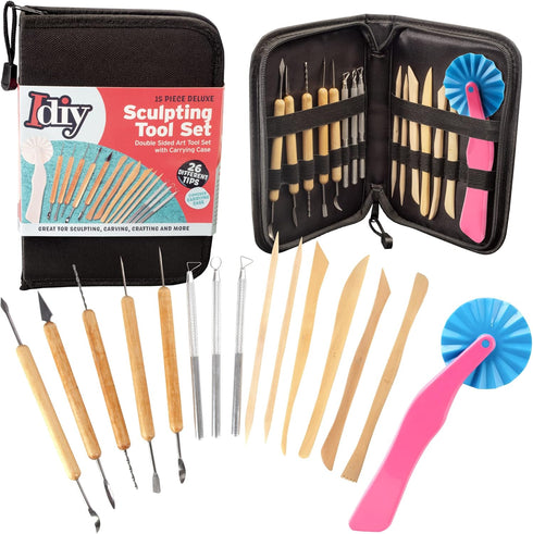 Pottery Tool Starter Kit - 15-Piece 26-Tool Beginner's Clay Ceramics Modeling Carving Sculpting Set -Arts and Crafts School Project, w Carrying Ca...
