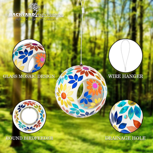 Backyard Expressions Hanging Glass Bird Feeder - Multicolor - Fly Through Bird Feeders for Outside, Mosaic Bird Feeder, Round Shape Wild Birdfeede...