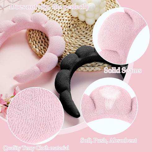 2 Pieces Spa Headbands for Washing Face Puffy Makeup Headband Skincare Headbands Face Wash Terry Cloth HeadBands for Skin Care (Black + Pink)...