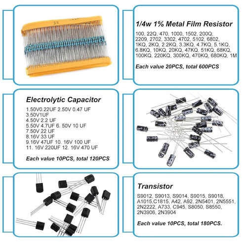 1400Pcs Basic Electronics Component Assortment Kit, Electrolytic Capacitor, Ceramic Capacitor, LED Diode, Common Diode, Resistor, Transistor Compo...