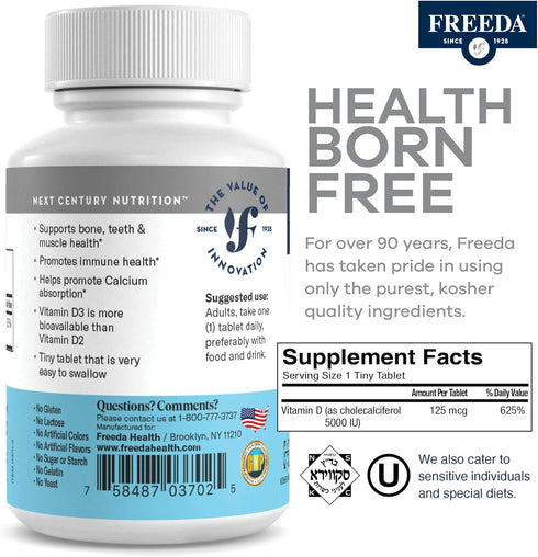 FREEDA Vitamin D3-5000 IU - Pure High Potency Kosher Supplement Tablets - Bone and Muscle Health, Calcium Absorption, Immune Support for Men and W...