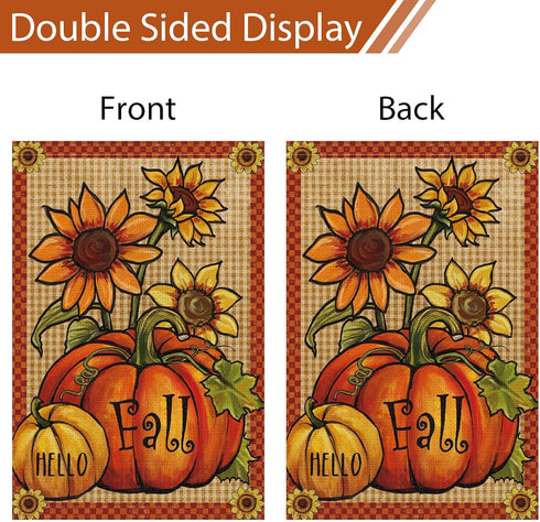 Hello Fall Garden Flag 12 x 18 Inch Vertical Double Sided Burlap, Pumpkin Fall Garden Flags Autunm Sunflower Yard Flag for Seasonal Yard Thanksgiv...