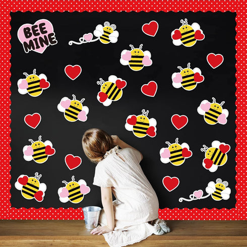 Whaline Valentine's Day Bee Bulletin Board Decorations Valentine Bee Mine Heart Cutouts Border Trim Love Style Cute Bee Decor with Glue Point for ...