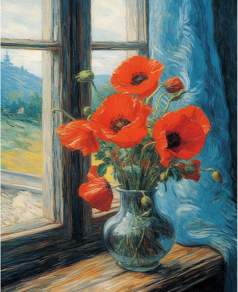 Tucocoo Poppy Vase Paint by Number for Adults Beginner, DIY Digital Oil Painting Kits on Canvas with Brushes and Acrylic Pigment, Rustic Window Fl...