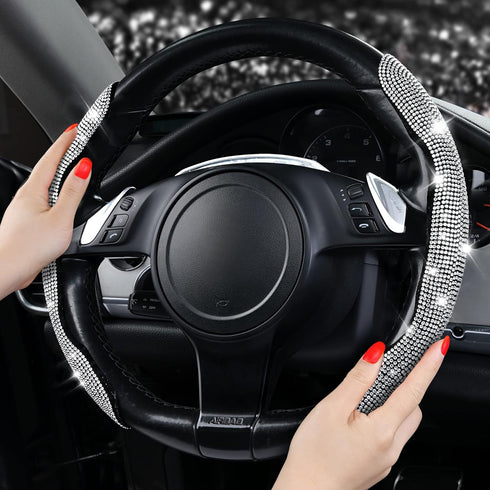 CAR PASS Bling Diamond Segmented Steering Wheel Cover with Crystal Rhinestones, 2PCS Wheel Protector Non-Slip Cute Car Accessories Universal Fit D...