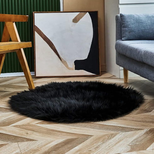 Super Soft Black Round Faux Fur Area Rugs, Fuzzy Fluffy Sheepskin Carpet, Shaggy Furry Floor Mat for Nursery Rugs Living Room Bedroom Bedside, 3 x...