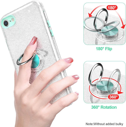 Slim Sparkly Case for iPhone SE 2020/SE 3 2022/8/7 with 360 Ring Holder Kickstand, Glitter, Silver...