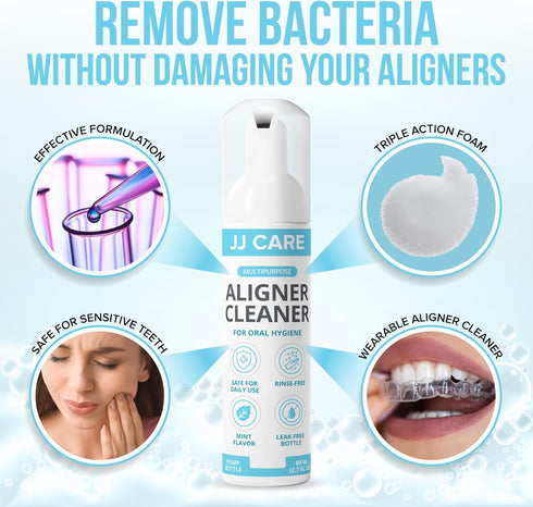 JJ CARE Aligner Cleaner Foam (Pack of 1) 80ml, Mint Flavored Retainer Cleaner Foam, Multi-Purpose Whitening Foam for Aligners, Retainers, Mouth Gu...