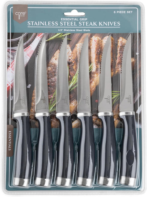 Core Kitchen Set of 6 Essential Grip Steak Knives - Black...