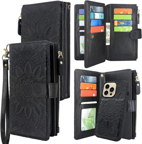 Harryshell Compatible with iPhone 13 Pro 6.1 inch 5G 2021 Wallet Case Detachable Magnetic Cover Zipper Cash Pocket Multi Card Slots Holder Wrist S...