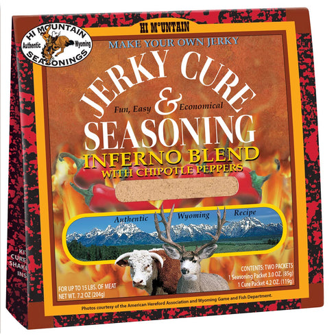 Hi Mountain Jerky Seasoning and Cure Kit | INFERNO BLEND | Create Savory Homemade Beef Jerky | Great for Beef, Deer, Elk, & Venison | Mix will Sea...