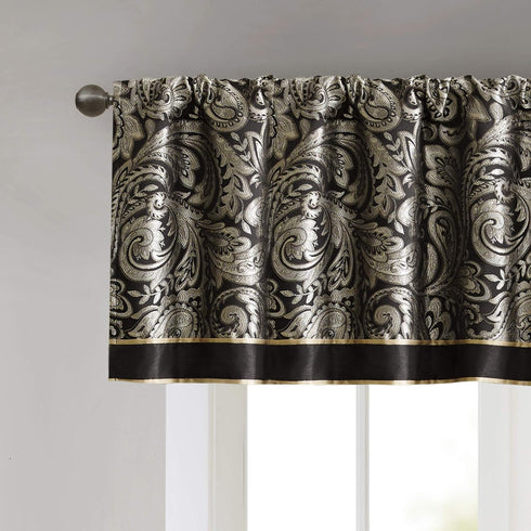 Madison Park Aubrey Jacquard Rod Pocket Valance , Classic Elegant Silk Paisley Valances for Windows , 50X18" , Black...
