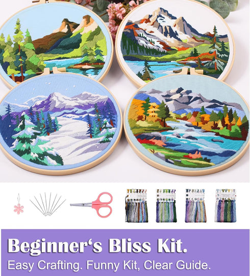 HILYPINK 4 Set Embroidery Kit for Beginners, Cross Stitch Kits for Adults with Floral Pine Scenery Mountain Pattern Hand Crafts Include Embroidery...