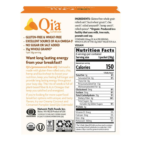 Nature's Path Organic Qi'a Superseeds & Grains Instant Oatmeal, 8 oz (Pack of 1), Gluten Free, Non-GMO...