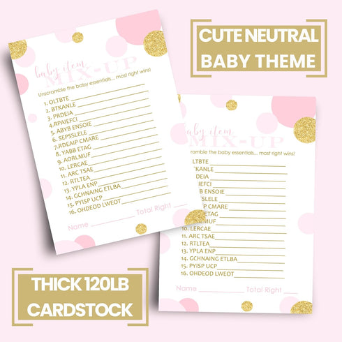 Paper Clever Party Pink and Gold Baby Shower Games for Girls - Word Scramble Cards - Fun Baby Shower Activities - Princess Theme with Twinkle Litt...