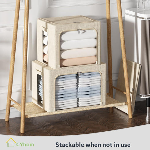 Clothes Storage Bins Box - Linen Fabric Foldable Stackable Container Organizer Set with Clear Window & Carry Handles & Metal Frame - 2Pack Large C...