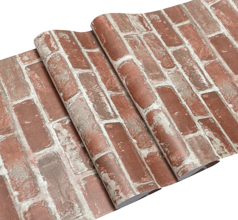 Red Brick Wallpaper, Self-adhesive Peel and Stick Waterproof and Removable Good for Home Decoration and Furniture Renovation (17.5X 196 Inch)...