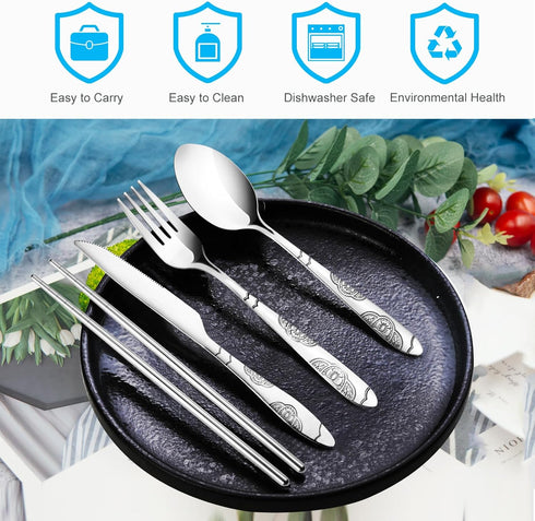 20PCS Premium Travel Utensils With Case, Stainless Steel Reusable Portable Utensils Set With Case, Lengnoyp Travel Silverware Set With Case for Lu...