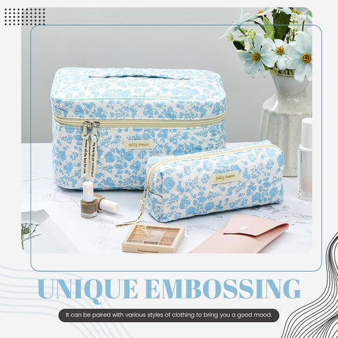 2 Pcs Cotton Quilted Makeup Bag Floral Cotton Cosmetic Bag Large Coquette Make up Pouch Aesthetic Floral Toiletry Bag for Women Girls Home Bathroo...
