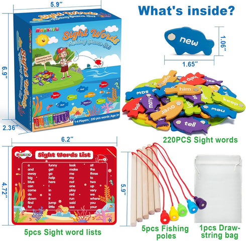 Wooden Magnetic Sight Word Fishing Game for Toddlers, Alphabet Fish Catching Games Puzzle with Letters, Homeschool Sight Word Educational Toy for ...