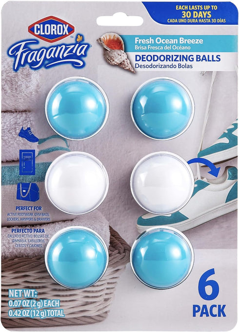 Clorox Fraganzia Deodorizing Balls in Lavender with Eucalyptus, 6 Count - No-Plug, Battery-Free Air Freshener for Shoes, Gym Bags, Lockers, Hamper...