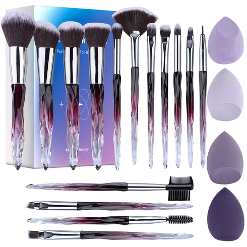 XMOSNZ Makeup Brushes 15pcs Premium Synthetic Bristles Crystal Handle Set Eyeshadow Brush Face Lip Eye Make Up Brush Sets Professional with 4 Make...