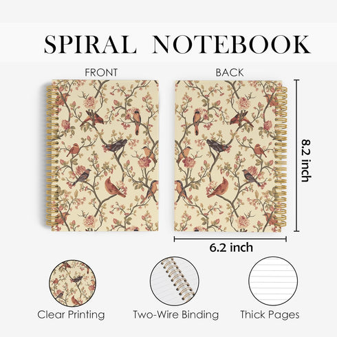 Bird Flower Spiral Notebook, Floral Journal, Spring Bird Flowers 5.5"x8.3" 164pages Lined Journal Notebooks College Ruled, Gifts for Bird Lovers H...