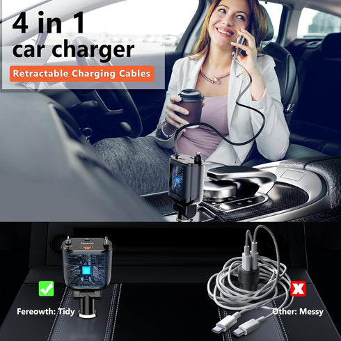Retractable Car Charge 4 in 1 Fast Car Phone Charger Adapter PD 63W Phone Retractable Cables (31.5 inch) and 2 USB Ports Car Charger? Compatible w...