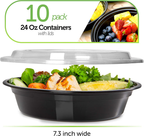 PrepNaturals Reusable Plastic Containers with Lids, 10 Pack, Black, Meal Prep Bowls, Lunch Containers, BPA, PVC and Phthalate Free, Microwave and ...