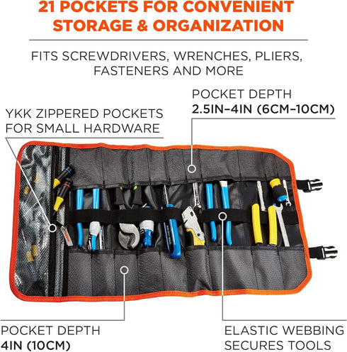 Ergodyne Arsenal 5871 Tool Roll-Up Pouch, 21-Pockets, Polyester, Black , Tall...