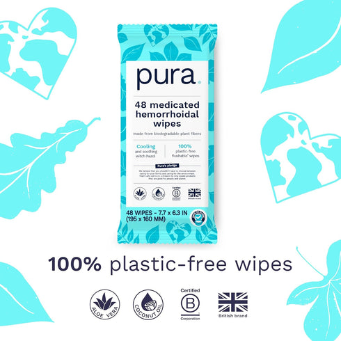 Pura Flushable Hemorrhoid Wipes, 1 x 48 Wipes, Medicated Wipes with 50% Cooling Witch Hazel, Soothing Coconut Oil & Aloe Vera, Fast Acting Relief,...