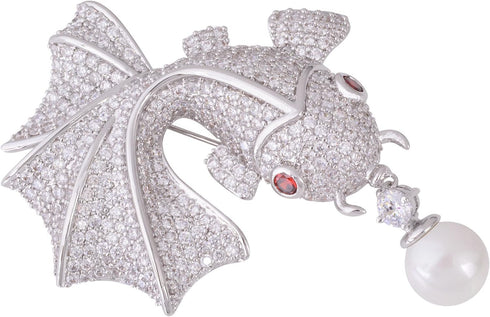 OBONNIE Women Cubic Zirconia Crystal 3D Goldfish Whale Pearl Brooch Pin Corsage Pendant Silver Tone...