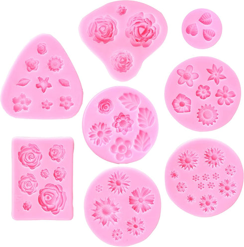 Flower Fondant Cake Molds-8 Pcs-Daisy, Rose, Chrysanthemum and Small Flower Leaf, Candy Silicone Molds for Chocolate Fondant Polymer Clay Soap Cra...